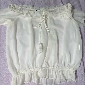 Off the shoulder synched white Mesh top